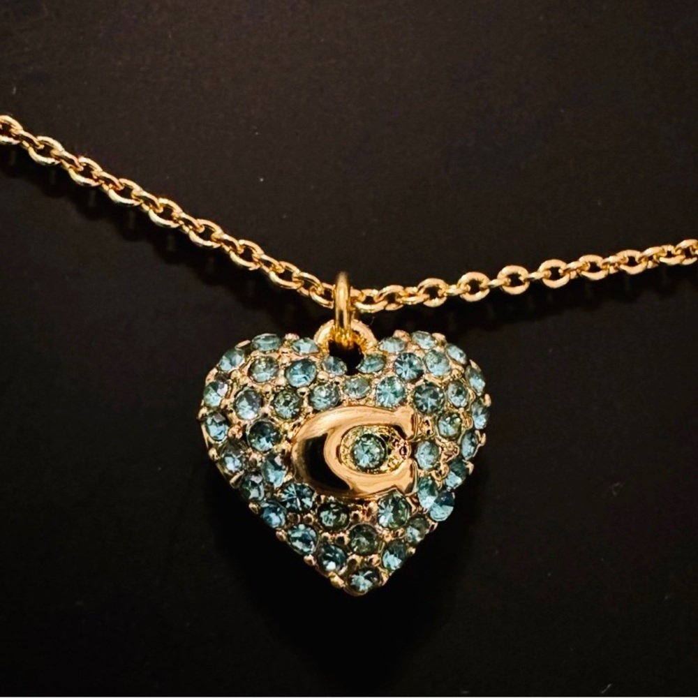 Coach Gold-Tone Blue Heart Coach "C" Pendant with 16" Chain/Necklace